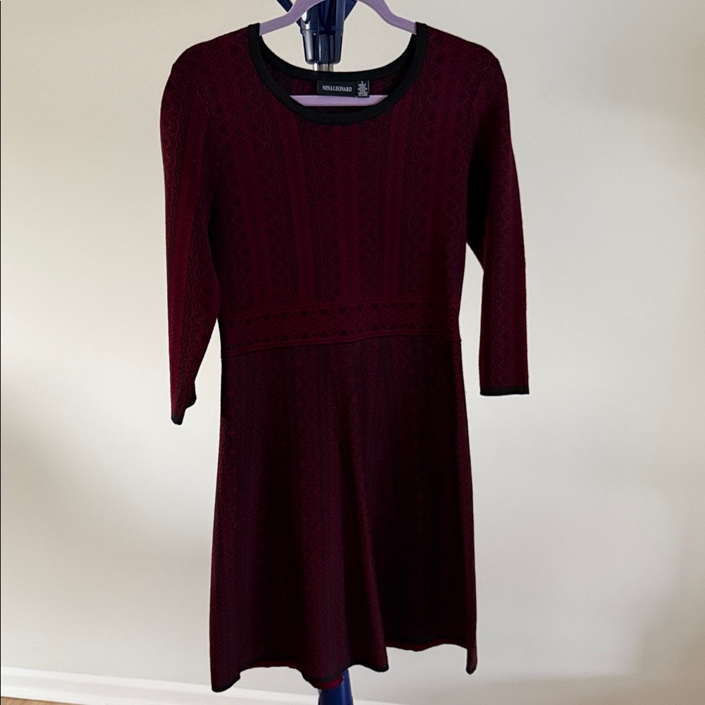 Nina Leonard Burgundy Knit Dress with Black Trim